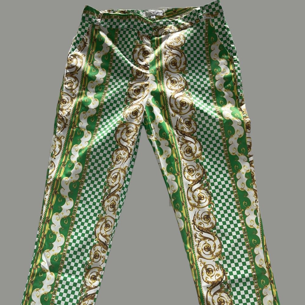 Green and White with Gold Links Ankle High Pants
